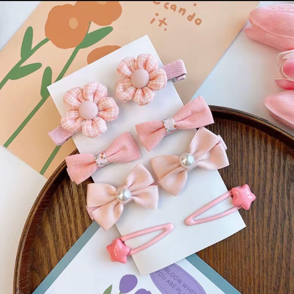 Pink Floral and Bow Hair Clip Set
